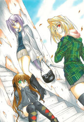  3girls arcueid_brunestud argyle_clothes argyle_legwear arima_miyako bag blonde_hair boots bow brown_hair casual clr commentary_request green_eyes hair_ribbon hairbow handbag head_rest high_heels jacket kneehighs leaf long_hair looking_back marker_(medium) melty_blood miniskirt multiple_girls one_eye_closed pencil_skirt photoshop_(medium) ponytail purple_eyes purple_hair ribbon shoes sion_eltnam_atlasia sitting skirt socks thighhighs traditional_media tsukihime very_long_hair 