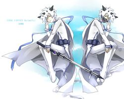  1boy 24a bad_id bad_pixiv_id belt cape cloud commentary_request final_fantasy final_fantasy_unlimited green_eyes hair_ornament long_sleeves male_focus mask shiroi_kumo sitting sky solo sword weapon white_hair 