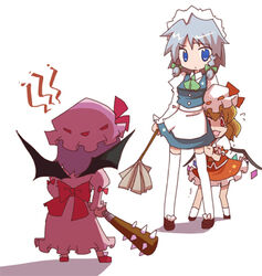  3girls bad_id bad_pixiv_id bat_wings blonde_hair blue_eyes braid chibi club_(weapon) flandre_scarlet grey_hair hat houroku izayoi_sakuya lowres maid multiple_girls purple_hair red_eyes remilia_scarlet short_hair spiked_club thighhighs touhou twin_braids weapon wings 