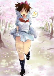  ! aoi_minamo bad_id bad_pixiv_id bow brown_hair cherry_blossoms closed_eyes female hairbow kaitarosu outdoors pink_bow plump real_drive school_uniform short_hair socks solo tree wind wind_lift 