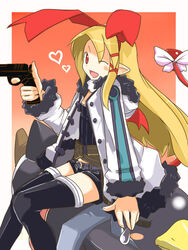  asagiri_asagi asagiri_asagi_(cosplay) asagiri_asagi_(prinny) bat_wings belt black_shorts blonde_hair boots bow coat commentary_request cosplay demon_girl demon_tail disgaea female flonne flonne_(fallen_angel) fur_coat gun long_hair nippon_ichi one_eye_closed photoshop_(medium) pointy_ears prinny red_eyes shorts smile solo tail tail_bow tail_ornament thigh_boots thighhighs ug_(nekonekodou) weapon wings 