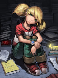  bad_blogspot_id bad_id bad_link blonde_hair blunt_bangs book denim female flashlight green_eyes hands head_tilt hugging_own_legs inspector_gadget jeans pants penny_(inspector_gadget) photoshop_(medium) saejin_oh sitting solo twintails watch wristwatch 