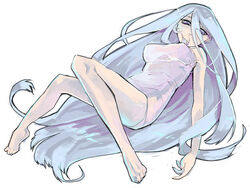  barefoot blue_eyes feet female full_body hibiki_nino kisara_(yu-gi-oh!) long_hair lying on_ground simple_background sketch solo very_long_hair white_hair yu-gi-oh! yu-gi-oh!_duel_monsters 