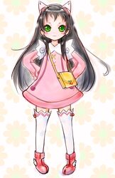  :3 animal_ears bad_id bad_pixiv_id bag black_hair blush_stickers boots cat_ears dress female green_eyes handbag hands_on_own_hips hazuki_kurumi highres kaitou_tenshi_twin_angel long_hair shoes short_dress smile solo thighhighs twin_angel very_long_hair white_thighhighs winged_footwear wings yummy_yoi zettai_ryouiki 