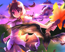  bad_id bad_pixiv_id bird brown_hair crow feathers female hand_fan hat hauchiwa kobanzame looking_at_viewer red_eyes shameimaru_aya short_hair smile solo tokin_hat touhou 