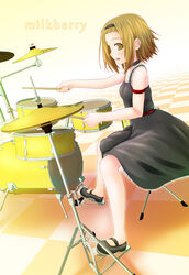  choker commentary_request dress drum drum_set drumsticks female fuwafuwa_time hairband instrument k-on! kisaragi_miyu mary_janes shoes sitting solo tainaka_ritsu 