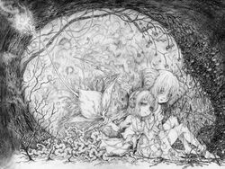  2girls barefoot cave commentary_request drill_hair flower greyscale headphones kasane_teto katzeh monochrome monster_girl multiple_girls nene_nene photoshop_(medium) plant traditional_media utau 