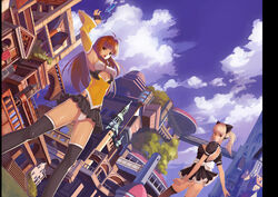  2girls antenna_hair bad_id bad_pixiv_id blonde_hair brown_hair city cloud day long_hair multiple_girls original outdoors paku panties photoshop_(medium) ponytail short_hair skirt sky suspenders thighhighs underwear 