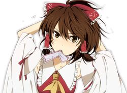  bad_id bad_pixiv_id bow brown_eyes brown_hair detached_sleeves female hairbow hakurei_reimu mouth_hold ofuda red_bow short_hair solo touhou waiko 