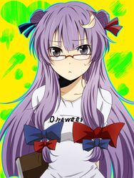  :&lt; alternate_costume alternate_hairstyle arms_behind_back bad_id bad_pixiv_id bespectacled book contemporary crescent crescent_hair_ornament female glasses hair_ornament long_hair no_headwear patchouli_knowledge purple_eyes purple_hair solo touhou waiko 