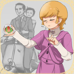  1boy 2girls audrey_burne audrey_hepburn blonde_hair closed_eyes commentary_request eating food formal gregory_peck gundam gundam_unicorn hot_dog mineva_lao_zabi motor_vehicle multiple_girls name_connection on_scooter roman_holiday saliva scooter short_hair suit tarayama vespa 