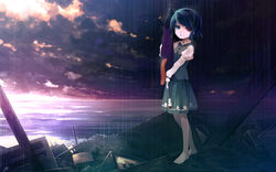  barefoot black_vest blue_eyes blue_hair blue_skirt broken chinchickrin closed_mouth commentary female full_body heterochromia highres horizon juliet_sleeves junk junkyard karakasa_obake lonely long_sleeves looking_at_viewer ocean outdoors photoshop_(medium) pleated_skirt puffy_sleeves rain red_eyes scenery shirt short_hair skirt sky solo standing tatara_kogasa tongue touhou umbrella vest white_shirt 