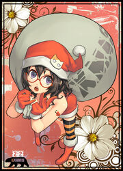  badge bare_arms bare_shoulders boots brown_hair button_badge chinese_commentary christmas commentary_request cosmos_(flower) female flower foreshortening from_above glasses gloves hat heart heart_tattoo lvans open_mouth original photoshop_(medium) purple_eyes red-framed_eyewear red_gloves round_eyewear sack santa_costume santa_hat short_hair solo striped_clothes striped_thighhighs tattoo thighhighs white_flower 