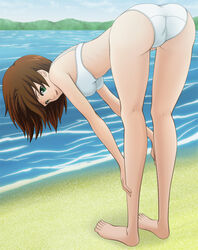  ass bad_id bad_pixiv_id barefoot beach bent_over bikini brown_hair day feet female green_eyes looking_back photoshop_(medium) short_hair solo swimsuit yukihanaok 