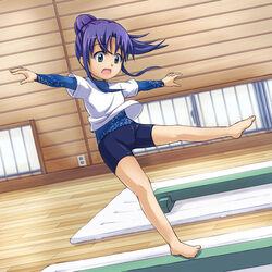  bad_id bad_pixiv_id balance_beam balancing barefoot beidan bike_shorts blue_eyes commentary_request falling feet female full_body gymnastics legs leotard lolicon original photoshop_(medium) ponytail purple_hair solo 