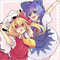  2girls :d ahoge amase_(siki696) ascot blonde_hair blue_eyes blue_hair bow cirno commentary_request dress flandre_scarlet hairbow hat multiple_girls open_mouth ponytail red_eyes ribbon short_hair side_ponytail skirt smile touhou vest wings 