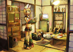  1boy blue_eyes brother_and_sister commentary_request computer den female hair_ornament hair_ribbon hairclip headphones indoors kagamine_len kagamine_rin laptop lying on_stomach photoshop_(medium) ribbon short_hair shouji siblings sliding_doors standing tatami television twins vocaloid 