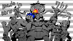  3girls 6+boys 9-volt :d afro alien ana_(warioware) anniversary arm_up bad_id bad_pixiv_id bald bomb cat_boy checkered copyright_name crossed_arms cyborg dated disco dog_boy dr._crygor dribble_(warioware) english_text engrish_text everyone explosive facial_hair furry furry_male glasses gloves goggles goggles_on_headwear grin hand_on_own_hip helmet holding holding_bomb holding_sword holding_weapon hoshina_(kinoko) index_finger_raised jimmy_t kat_(warioware) long_hair looking_at_viewer mona_(warioware) monochrome moustache multiple_boys multiple_girls ninja open_mouth orbulon pants ranguage scarf shirt short_hair short_sleeves smile spitz star_(symbol) sunglasses sweatdrop sword tail teeth typo ufo vest wario warioware weapon 