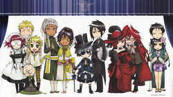  3girls 6+boys agni_(kuroshitsuji) bardroy bare_shoulders blue_eyes blue_hair chibi chinese_clothes ciel_phantomhive coat everyone eyepatch finnian formal glasses gloves goth_fashion grell_sutcliff hat kodona kuroshitsuji lau lolita_fashion madam_red maid meirin_(kuroshitsuji) multiple_boys multiple_girls official_art photoshop_(medium) purple_eyes purple_hair ranmao red_eyes red_hair sebastian_michaelis souma_asman_kadar suit tanaka_(kuroshitsuji) toboso_yana trench_coat yellow_eyes 