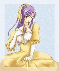  alternate_costume alternate_hairstyle annoyed commentary_request dress elbow_gloves faris_scherwiz female final_fantasy final_fantasy_5 frilled_dress frills gloves green_eyes hair_ribbon jewelry long_hair necklace ponytail purple_hair ribbon sarisa_highwind_tycoon solo tkis 