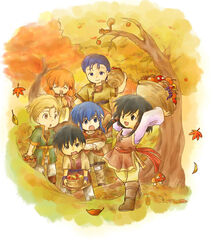  2girls 4boys autumn basket black_hair blonde_hair blue_hair chibi commentary_request diarmuid_(fire_emblem) fire_emblem fire_emblem:_genealogy_of_the_holy_war lana_(fire_emblem) larcei_(fire_emblem) lester_(fire_emblem) multiple_boys multiple_girls orange_hair red-50869 scathach_(fire_emblem) seliph_(fire_emblem) 