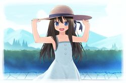  :d amamiya_minato blue_eyes border brown_hair commentary_request day dress fading_border female hanamaru_youchien hand_on_headwear hat long_hair mountain open_mouth outdoors smile solo sundress tsuchida_satsuki 