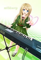  blonde_hair blue_eyes blush checkered commentary_request dress female full_body fuwafuwa_time heart instrument k-on! keyboard_(instrument) kisaragi_miyu kotobuki_tsumugi long_hair solo standing 