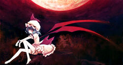  bare_legs barefoot bat_wings blue_hair chinchickrin commentary feet female full_moon hat moon photoshop_(medium) red_eyes red_moon remilia_scarlet short_hair sitting skinny smirk solo touhou wings 