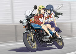  3girls armband baseball_bat baseball_helmet black_hair blue_eyes breasts brown_eyes commentary_request glasses green_armband hand_on_headwear hard_hat helmet holding holding_baseball_bat kawasaki konori_mii legs long_hair medium_breasts metal_baseball_bat motion_blur motor_vehicle motorcycle motorcycle_helmet multiple_girls multiple_riders navel one_eye_closed photoshop_(medium) product_placement riding sakugawa_school_uniform saten_ruiko school_uniform serafuku shoei short_hair skirt summer_uniform toaru_kagaku_no_railgun toaru_majutsu_no_index ugai_yuichi uiharu_kazari 