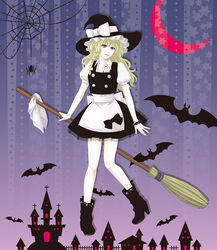  bat_(animal) blonde_hair boots bow bracelet braid broom bug commentary_request female green_eyes halloween hat high_heels highres jewelry kirisame_marisa kota_tsu long_hair photoshop_(medium) shoes silk solo spider spider_web touhou witch_hat 