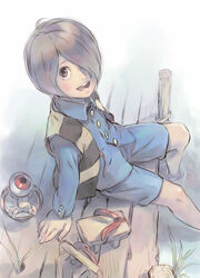  1boy androgynous arm_support brown_hair buttons candle chanchanko_(clothes) commentary_request eyeball gegege_no_kitarou geta hair_over_one_eye kitarou looking_at_viewer male_focus medama_oyaji photoshop_(medium) pier sandals school_uniform shorts sitting smile soaking_feet vest water yakinasu 