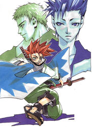  3boys blue_eyes brothers fishnets green_eyes highres ichimura_tatsunosuke ichimura_tetsunosuke japanese_clothes katana kneeling male_focus multiple_boys peace_maker_kurogane ponytail red_hair sandals sheath shinsengumi siblings smile spiked_hair sword weapon yamazaki_susumu_(peace_maker_kurogane) 