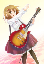  brown_eyes brown_hair commentary_request female fuwafuwa_time guitar hair_ornament hairclip hirasawa_yui instrument k-on! kisaragi_miyu pantyhose short_hair solo 