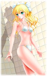  aqua_eyes bad_id bad_pixiv_id bikini blonde_hair commentary_request female hair_ribbon highres honeycoming_royalsweet long_hair md5_mismatch miharin resolution_mismatch ribbon solo swimsuit tagaya_marino wet 