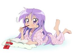  ^^^ alternate_hairstyle barefoot book brand_name_imitation collarbone commentary_request eating feet female food hair_down hiiragi_kagami long_hair lucky_star lying md5_mismatch on_stomach pajamas pillow pocky purple_eyes purple_hair resolution_mismatch solo source_larger surprised sweatdrop the_pose tsurime tyke 