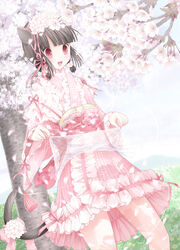  animal_ears apron_basket black_hair cat_ears cat_tail cherry_blossoms commentary_request female flower hair_flower hair_ornament hair_ribbon highres japanese_clothes kanzaki_miku kimono kimono_skirt kuroinu lace lolita_fashion md5_mismatch obi original petals purple_eyes ribbon sash short_hair solo tail tail_ornament tail_ribbon wa_lolita white_flower 