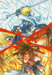  2boys abs battle blonde_hair blue_eyes brown_hair clr commentary_request fingerless_gloves fire gloves grin guilty_gear hair_over_one_eye headband ky_kiske long_hair male_focus marker_(medium) multiple_boys photoshop_(medium) smile sol_badguy sword thunderseal traditional_media weapon yellow_eyes 