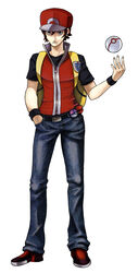  1boy backpack bag baseball_cap brown_eyes brown_hair cherish_ball commentary_request earrings hat highres jewelry jonathan_kim male_focus master_ball parody photoshop_(medium) poke_ball pokemon pokemon_(game) premier_ball red_(pokemon) shin_megami_tensei solo style_parody vs_seeker 