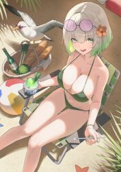  absurdres baguette ball bare_arms bare_legs bare_shoulders basket beach beachball bikini bird bottle bread breasts chair cleavage cup day deck_chair eyewear_on_head feet_out_of_frame female fingernails flower folding_chair food from_above fruit gradient_hair green_bikini green_eyes green_hair green_nails grey_hair hair_between_eyes hair_flower hair_ornament halterneck hibiscus highres holding holding_cup knees_together_feet_apart large_breasts light_blush long_fingernails looking_at_viewer multicolored_hair navel negidesu1105 on_chair open_mouth orange_flower original outdoors pink-tinted_eyewear sand seagull shaved_ice short_hair side-tie_bikini_bottom sitting smile solo spoon_straw spring_onion star-shaped_eyewear star_(symbol) starfish string_bikini sunglasses swimsuit thigh_gap thighs_together tinted_eyewear triangle_bikini_top two-tone_hair watermelon wine_bottle 
