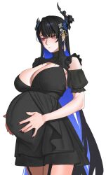  alternate_costume arichuu_u asymmetrical_horns autumn_leaves black_dress black_hair black_horns black_nails blue_hair breasts colored_inner_hair commentary demon_horns dress english_commentary female highres hololive hololive_english horns large_breasts leaf long_hair multicolored_hair nerissa_ravencroft pregnant red_eyes smile solo uneven_horns very_long_hair virtual_youtuber 