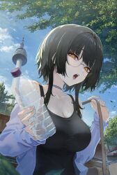  bag black_hair black_tank_top blue_sky bottle breasts bright_pupils choker cleavage collarbone day female glasses highres holding holding_bottle holding_strap impossible_clothes impossible_shirt jacket jacket_partially_removed large_breasts looking_at_viewer open_mouth original outdoors park plastic_bottle purple_jacket real_world_location round_eyewear seoul_tower shirt short_hair shoulder_bag sky solo sweat tank_top tree upper_body vikpie water water_bottle white_pupils yellow_eyes 