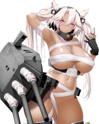  arm_behind_head arm_up black_gloves breasts budget_sarashi cannon chest_sarashi collar dark-skinned_female dark_skin female glasses gloves hair_between_eyes headgear huge_breasts kantai_collection kirigakure_(kirigakure_tantei_jimusho) metal_collar musashi_(kancolle) navel partially_fingerless_gloves pointy_hair rectangular_eyewear red_eyes rigging sakuramon sarashi solo turret two_side_up white_hair 