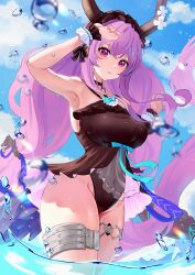  absurdres aoi_tooru arknights arm_up armpits bare_shoulders black_horns black_one-piece_swimsuit blue_sky cloud cloudy_sky commentary_request day female highres horns long_hair looking_at_viewer low_twintails ocean official_alternate_costume one-piece_swimsuit outdoors purple_eyes purple_hair sky solo swimsuit thigh_strap twintails typhon_(arknights) typhon_(temperature_difference)_(arknights) wading wrist_wrap 