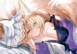  animal_ears bare_shoulders blonde_hair blue_bra bra bra_pull breasts cleavage closed_mouth clothes_pull commentary_request female fox_ears fox_girl fox_tail hair_between_eyes hat highres lace-trimmed_bra lace_trim large_breasts looking_at_viewer lying mob_cap multiple_tails on_side pulling_own_clothes sarasadou_dan solo tail touhou underwear yakumo_ran yellow_eyes 