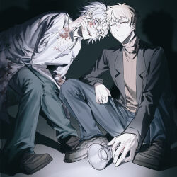  2boys atou_haruki black_jacket blonde_hair blood blood_on_clothes blood_on_face blue_eyes blue_pants brown_footwear brown_sweater closed_mouth commentary_request flashlight glasses gradient_background green_pants highres holding holding_flashlight jacket kanou_aogu ks_(kkklocc_093) lab_coat male_focus multiple_boys open_clothes open_jacket open_mouth pants rectangular_eyewear ribbed_sweater saibou_shinkyoku semi-rimless_eyewear short_hair sitting smile sweat sweater translation_request turtleneck turtleneck_sweater white_hair 