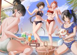  1other 4girls abby_(wuthering_waves) absurdres alternate_costume alternate_hairstyle baizhi_(wuthering_waves) ball bare_arms bare_back bare_legs bare_shoulders barefoot beach beach_towel beachball bikini black_bikini black_eyes black_hair blue_bikini blue_scrunchie blue_sky braid breasts chigusa7h chixia_(wuthering_waves) cleavage cleavage_cutout closed_eyes closed_mouth clothing_cutout collarbone colored_inner_hair commentary_request cup drinking_glass drinking_straw earrings eating feather_hair feet female_rover_(wuthering_waves) food fruit green_bikini green_eyes green_pupils hair_bun hair_ornament highres holding holding_cup holding_food holding_swim_ring ice_cream ice_cream_float innertube jewelry large_breasts long_hair looking_at_another looking_at_viewer low-tied_long_hair median_furrow multicolored_hair multiple_girls navel ocean open_mouth orange-tinted_eyewear orange_(fruit) orange_slice outdoors outstretched_arm parted_bangs picnic_basket red_bikini red_hair rover_(wuthering_waves) sand sausage scrunchie shaved_ice shoulder_blades side-tie_bikini_bottom side_ponytail sideboob sidelocks single_hair_bun sitting sky smile soles standing standing_on_one_leg stomach streaked_hair swim_ring swimsuit table tacet_mark_(wuthering_waves) tinted_eyewear toes towel underboob very_long_hair wariza white_hair wuthering_waves yangyang_(wuthering_waves) yellow_eyes yokozuwari 