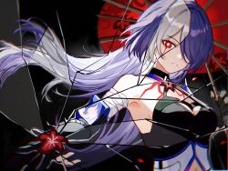  acheron_(honkai:_star_rail) armpits bandaged_arm bandages black_choker black_gloves blood blood_from_eyes body_markings breasts chains choker cleavage coat crack cracked_glass detached_sleeves falling_petals female flower gloves hair_over_one_eye highres holding holding_umbrella honkai:_star_rail honkai_(series) kuxiaojingmu long_hair midriff multicolored_hair navel official_alternate_hair_color oil-paper_umbrella outstretched_arm petals purple_eyes purple_hair red_eyes red_flower red_umbrella single_bare_shoulder solo stomach streaked_hair umbrella white_coat white_hair 