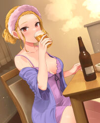  absurdres after_bathing alcohol beer beer_bottle blonde_hair blush breasts collarbone cup drinking female forehead hair_bun hanamasa_ono highres holding holding_cup idolmaster idolmaster_million_live! indoors looking_at_viewer medium_breasts momose_rio negligee purple_negligee purple_robe red_eyes robe single_hair_bun sitting solo sweat 