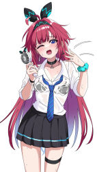  ahoge blue_eyes bow_hairband bra_visible_through_clothes bracelet chiro_(chirolchoco25) choker collared_shirt fanning_self female hairband handheld_electric_fan highres jewelry lishenna_omen_of_destruction long_hair looking_at_viewer necktie one_eye_closed open_mouth pleated_skirt red_hair school_uniform scrunchie see-through see-through_shirt shadowverse shirt skirt sleeves_rolled_up solo striped_necktie sweat thigh_strap very_long_hair wet wet_clothes wet_shirt wrist_scrunchie 