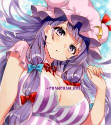  breasts chacham cleavage female hat large_breasts looking_at_viewer mob_cap patchouli_knowledge purple_eyes purple_hair solo touhou twitter_username 